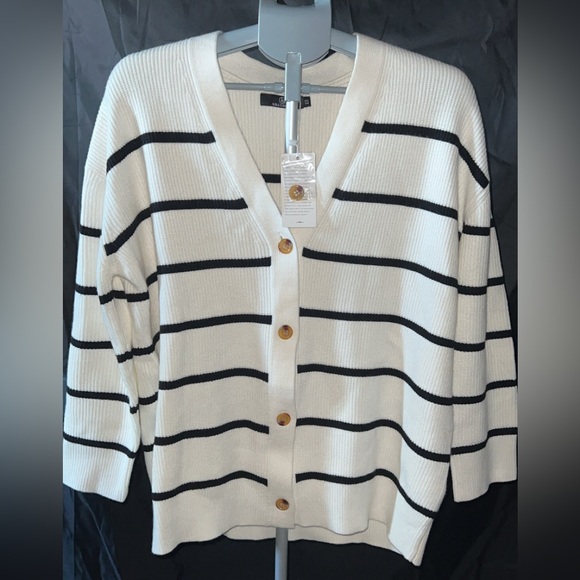 Lillusory Sweaters - Classic Black and White Striped Cardigan Sweater